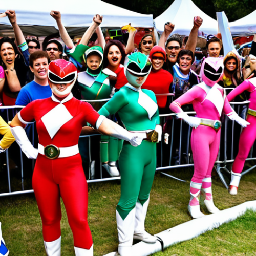 ** A vibrant and nostalgic scene depicting Power Rangers fans of all ages enthusiastically participating in a cosplay contest at the fan event. Focus on the energy and excitement, showcasing a diverse range of Ranger costumes and a cheering crowd.

**