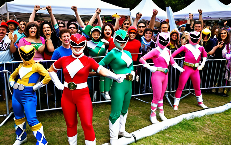 ** A vibrant and nostalgic scene depicting Power Rangers fans of all ages enthusiastically participating in a cosplay contest at the fan event. Focus on the energy and excitement, showcasing a diverse range of Ranger costumes and a cheering crowd.
**
