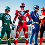 **

"A group of five Power Rangers, fully clothed in their iconic colorful suits, standing heroically in front of a futuristic city skyline, appropriate attire, safe for work, perfect anatomy, natural proportions, dynamic pose, professional illustration, high quality, family-friendly."

**