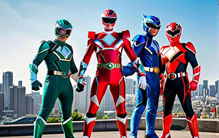 **
"A group of five Power Rangers, fully clothed in their iconic colorful suits, standing heroically in front of a futuristic city skyline, appropriate attire, safe for work, perfect anatomy, natural proportions, dynamic pose, professional illustration, high quality, family-friendly."
**