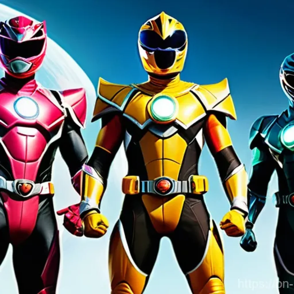 파워레인저 만화와 애니메이션 차이 - **Prompt: Power Rangers – Western Action & Teamwork**
    "A team of five diverse heroes, reminiscen...