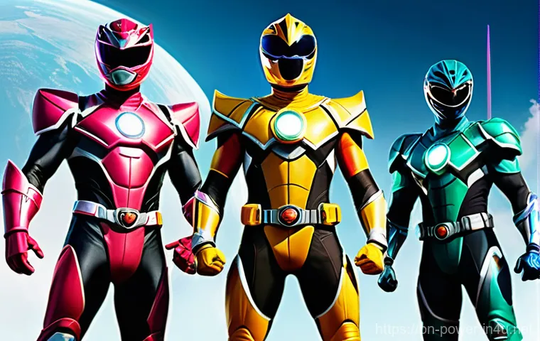 파워레인저 만화와 애니메이션 차이 - **Prompt: Power Rangers – Western Action & Teamwork**
"A team of five diverse heroes, reminiscen...