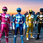 파워레인저 캐릭터 리부트 - **Prompt:** A diverse team of five Power Rangers, consisting of Red, Blue, Yellow, Pink, and Black R...