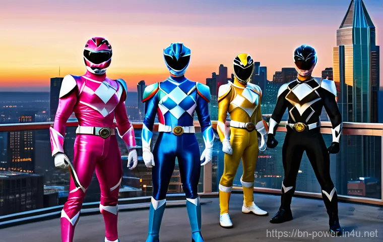 파워레인저 캐릭터 리부트 - **Prompt:** A diverse team of five Power Rangers, consisting of Red, Blue, Yellow, Pink, and Black R...